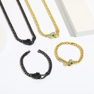Luxury Cuban chain jewelry set featuring leopard head design with micro-pave CZ stones