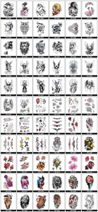 Detailed catalog grid showing diverse colorful waterproof tattoo sticker designs with model IDs