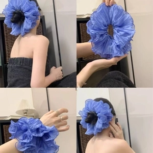 Chic blue pleated scrunchie set shown in a 4-grid collage for versatile hair styling