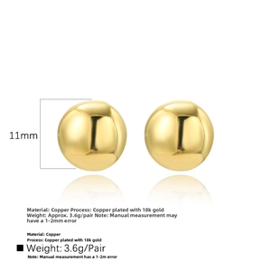 Detailed view of 11mm spherical 18k gold-plated copper stud earrings with mirror finish