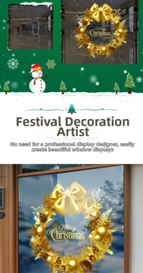 Golden Christmas wreath window sticker with Merry Christmas text and pine cone detail