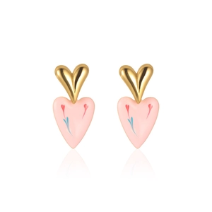 Elegant gold heart earrings with light pink enamel floral charms in a minimalist style