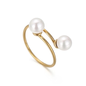 18K gold plated stainless steel spiral open ring with double white pearls