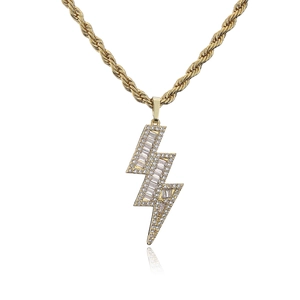 Gold lightning bolt pendant with pavé cubic zirconia on thick rope chain necklace