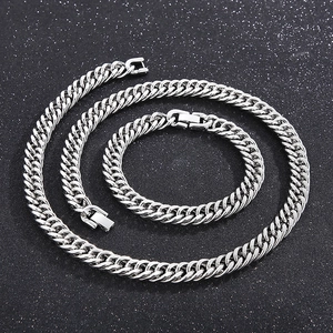 Punk silver stainless steel Cuban link necklace and bracelet set on dark glitter background