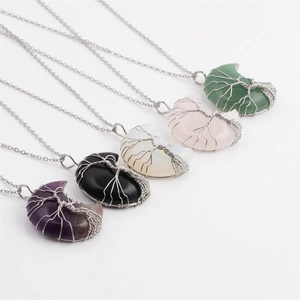 Tree Of Life Moon Pendant Necklace Natural Crystal Amethyst Opal Green Aventurine Wire Wrapped Fashion Jewelry For Women