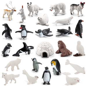 Polar animal figurine set with polar bear, penguin, and reindeer on white background
