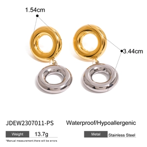 Two-tone gold and silver stainless steel linked ring earrings with size dimensions