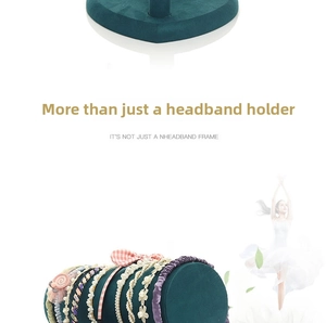 Detail view of large capacity dark green velvet cylinder headband display stand with pearls