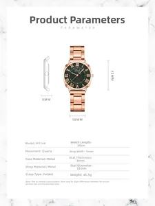 Detailed size chart for M1144 quartz watch with 32mm dial and metal strap specifications