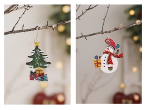 Detail of wooden Christmas tree with Welcome text and snowman hanging on a twig