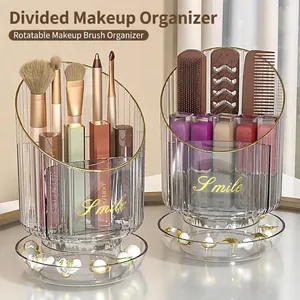 Rotating Makeup Brush Holder Transparent Plastic Cosmetic Organizer Gold Trim Partitioned Desktop Storage For Brushes
