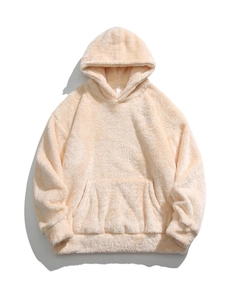 Beige oversized polar fleece hoodie with warm kangaroo pocket and cozy hood