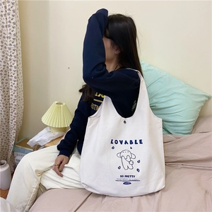 Sac fourre-tout minimaliste en toile crème avec imprimé dessin animé bleu et bouton