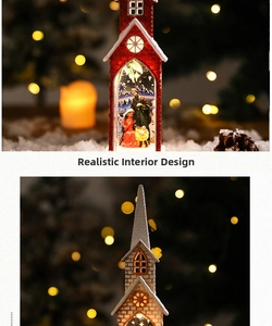 Detail of glowing Christmas church water globe with swirling snow and LED scene