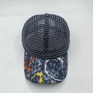 Breathable black mesh baseball cap with colorful abstract patterned brim for women