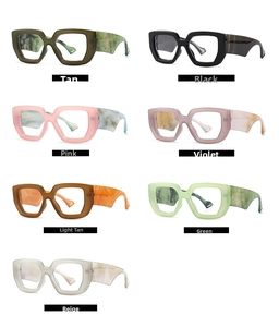 Detailed view of thick frame blue light blocking glasses with marble pattern temples