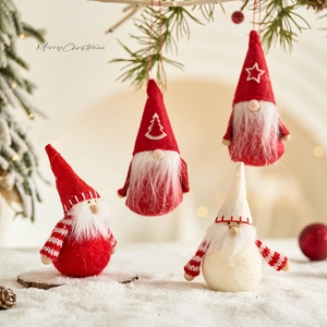 Hanging Nordic Christmas Gnomes set in red and cream felt for festive tree and table decor