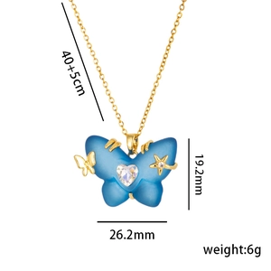 Minimalist titanium steel butterfly necklace with blue zircon pendant and gold chain
