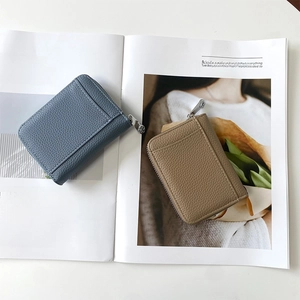 Japanese style large capacity accordion card holder wallet in beige and blue-grey leather