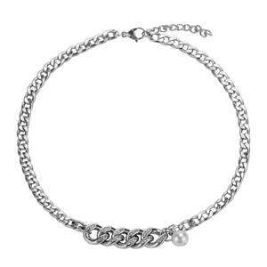 Collier Chaîne Gourmette Hip Hop en Acier Inoxydable Incrusté de Strass Collier Künstliche Perle Design de Niche Accessoire Ton Argent