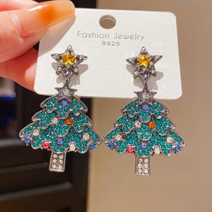 Pendientes árbol de Navidad en plata S925 con diamantes de colores y estrella oro