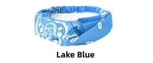 Detailed view of lake blue paisley sweatband featuring a stretchy elastic back band