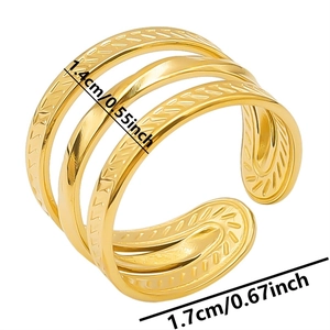 Detailed view of wide gold layered ring with V-pattern engraving and size dimensions