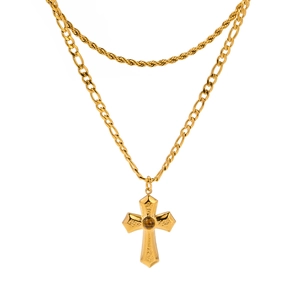 Gold double-layered necklace with twisted chain and large textured cross pendant