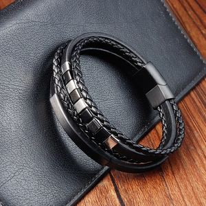 Men's double-layer black braided leather bracelet with stainless steel metal accents