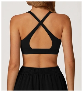 Detail view of black sports bra featuring criss-cross back straps and a keyhole cutout