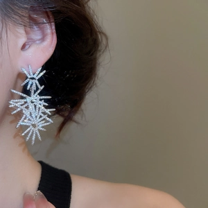 Detailed close-up of fireworks-shaped silver earrings with sparkling zircon gemstones