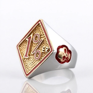 Mens 1%ER skull biker ring in gold and silver stainless steel shown at a 45-degree angle
