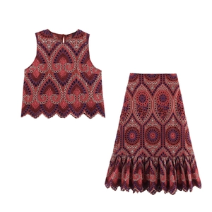 Damen Baumwolle Lochstickerei Ärmelloses Oberteil Und Midirock Bohemian Streetwear Sommer Outfit