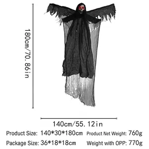 Flying Halloween ghost with glowing red eyes and moving wings for haunted house decor