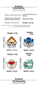 Detail showing four punk style skull enamel pins with specific size and weight parameters