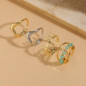 Vintage Kupfer Edelstahl Offener Ring Für Damen Wellen Kronen Design Verstellbarer Geometrischer Fingerschmuck Mit Naturstein