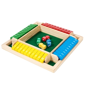 Wooden four-sided shut the box dice game with green felt and colorful number tiles