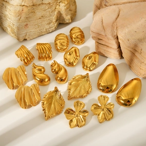 Polished gold pleated titanium steel earrings with geometric texture for women