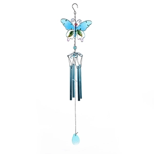 Macro detail of blue metal tubes and colorful glass butterfly on the hanging wind chime