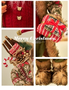 Detailed views of knitting texture, pine cones and brown faux fur boots for Christmas doll