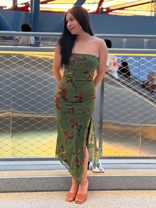 Robe bustier verte à fleurs coupe ajustée avec fente latérale pour vacances d'été