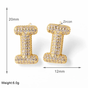 Detail view showing 20mm gold letter I earrings with micro-paved sparkling zircon stones