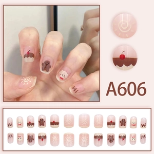 Pink cartoon short press-on nails set featuring puppy and cake patterns for girls