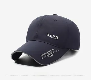Detailed side view of navy blue breathable baseball cap with white logo embroidery