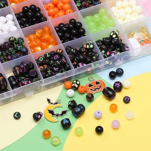 Halloween DIY bead kit with skull pendants and colorful letter beads in 24-grid box