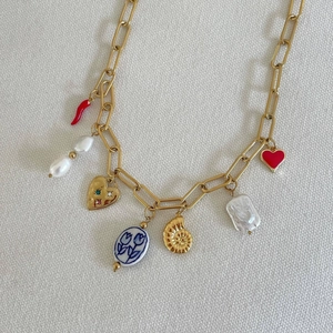 DIY gold chunky chain necklace with red chili, baroque pearl, heart and shell pendants