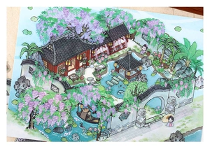 Détail d'autocollant de paysage de jardin chinois traditionnel avec pagode en 2,5D