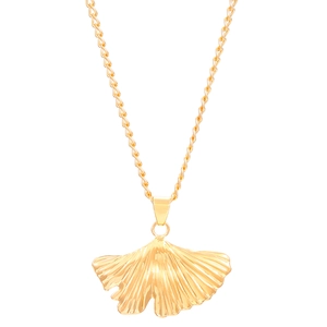 Golden ginkgo leaf jewelry set including necklace and earrings on white background