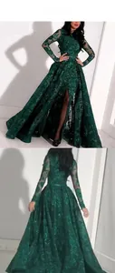 Front and back view of dark green sequin lace evening gown with side slit detail